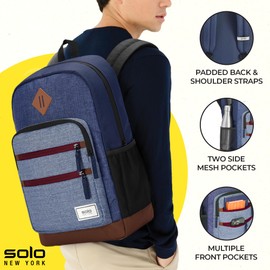 Solo New York Laptop Backpack for Women & Men - Carry On Bookbag for Travel or Work, Lightweight Bag, Side Mesh Pockets, Fits 15.6" Computer - Re:Fresh, Denim Sky