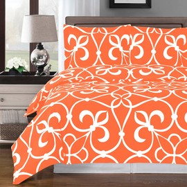 8PC Victoria Tangerine Queen Size Bed in a Bag- Medium Weight Down Alternative Comforter (Duvet Insert) with Cotton Duvet Cover Set and Bed Sheets