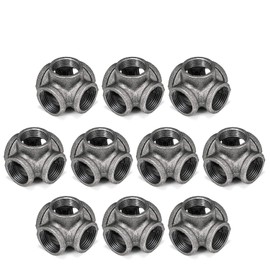 3/4" 5-Way Side Outlet Tee, Home TZH 10-Pack 5-Way Corner Cast Black Malleable Iron Pipe Fitting for Industrial Pipe, Furniture and DIY Decoration (10, 3/4")