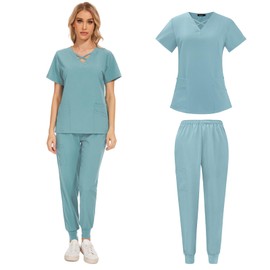 ALIALAVESTA Scrubs for Women Set,Comfortable Breathable Scrub Tops and Scrub Pants, Easy Care, Medical Nursing Uniforms Set(Light blue,L)