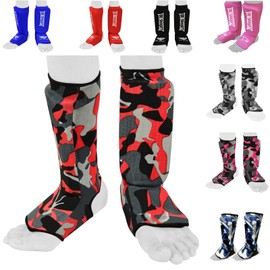 Kids MMA Shin Instep Guards Protector Pads Kick Boxing Muay Thai Training (Red Camo, XXS (9 to 13 Years))