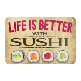 Life is Better with Sushi Retro Decorative Hanging Sign with Cord and Suction Cup Decoration Kitchen Sushi Japan Restaurant 18 x 12 cm