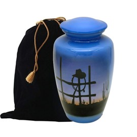 Hand Painted Metal Cremation Urn - Adult Urn - Solid Metal Funeral Urn - Handcrafted Adult Funeral Urn for Ashes - Great Urn Deal (Cowboy Farewell)