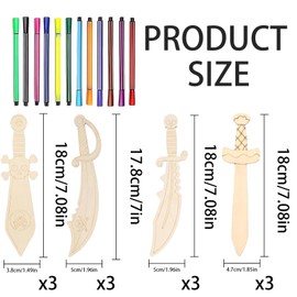 Pack of 12 DIY Wooden Swords for Children, Pirate Swords for Painting, Sword Children for Pirate Birthday, with 12 Coloured Pens for Birthday Parties, Pirate Theme Day, Pirate Party