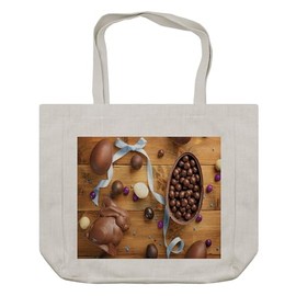 Ambesonne Easter Bunny Shopping Bag, Delicious Chocolate with Eggs Ribbon on a Wooden Table Holiday Preparation, Eco-Friendly Reusable Bag for Groceries Beach and More, 15.5" X 14.5", Cream