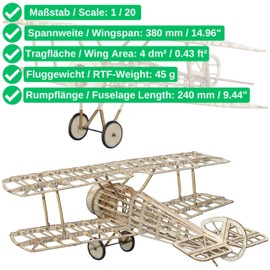 Sopwith Camel Slow Flyer Model Airplane Kit, Scale 1/20, Wingspan 14.96", Model Aircraft for RC flying, Flying model to build yourself, laser cut balsa plywood set, 14.96 x 9.64 x 5.03", 1.908 oz RTF