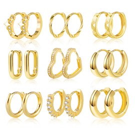 Gold Hoop Earrings Set, ALEXCRAFT 9 Pairs Multipack Small Gold Hoop Earrings for Women, 14k Real Gold Plated Piercing Cartilage Earrings Gold Cubic Zircon Twist Heart Square Chunky Hoop Earrings