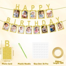 Happy Birthday Photo Banner, Glitter Kraft Card Paper Photo Banner Album Photo Birthday Bunting Happy Birthday Bunting for Kids and Adults Birthday Party Decoration (Gold)