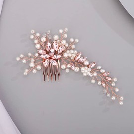 Chargances Bride Wedding Pearl Crystal Hair Comb Pink Rhinestone Flower Hair Vine Comb Fashion Handmade Headpiece Bridal Hair Accessories for Wedding Prom Flower Girl (Pink)