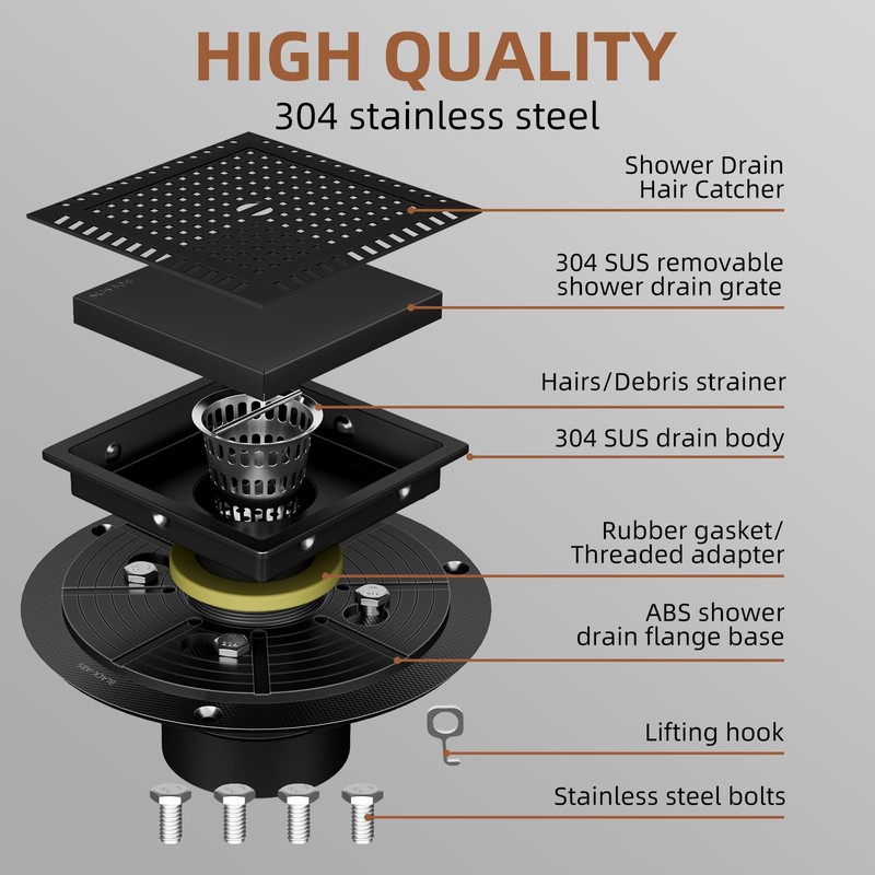 BAOTIYA 4 Inch Square Black Shower Drain Kit with Flange