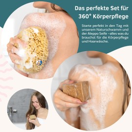 tom&pat Set of Natural Sponge & Aleppo Soap - 360° Body Care for Skin and Hair - Bath Sponge with Exfoliating Effect (15-16 cm) + Natural Soap for Body Care / Hair Washing (2 x 200 g)