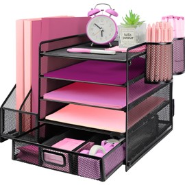 ideallife Desk Organizers and Accessories with File Holder, 5-Tier Paper Letter Tray Organiser with Drawer and 2 Pen Holder, Mesh Desktop Document Organizer for Office Supplies, Workspace - Black