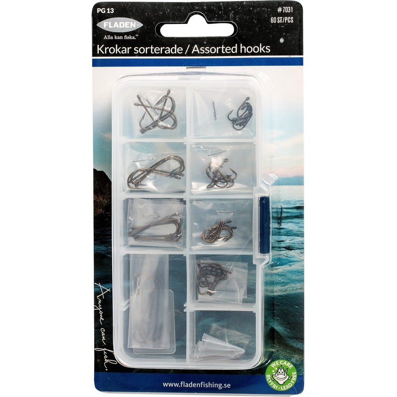 FLADEN 60 Assorted Eyed Fishing HOOKS in Multiple Section Durable
