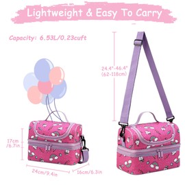 Kasgo Girls Lunch Bag, Insulated Lunch Box Bag Thermal Double Decker Cooler Bag for Kids Toddler Lunch Tote Bag with Adjustable Shoulder Strap for School Picnic, Pink Kitten