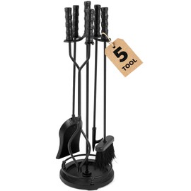 AMAGABELI GARDEN & HOME 5 Pieces Fireplace Tools Sets Wrought Iron Indoor Fireplace Set with Poker Tongs Broom Shovel Stand Fire Tools Outdoor Fire Place Fire Pit Hearth Accessories Sets Black