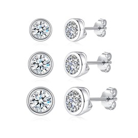 Josfeva Silver Stud Earrings for Women, 3 Pairs 925 Sterling Silver Round Studs Earrings Set, White Gold 4/5/6mm Zirconia Studs, Hypoallergenic Cartilage Sleeper Earrings Jewellery with Gift Box
