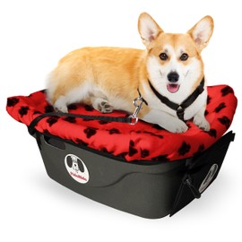 FidoRido Dog Car Seat - Pet Booster Seat for Small to Large Dogs with Comfortable Cushions, Sherpa Cover, and Safety Straps, Easy to Install, Ideal for Travel, Red, Black Paw Prints - Medium Harness