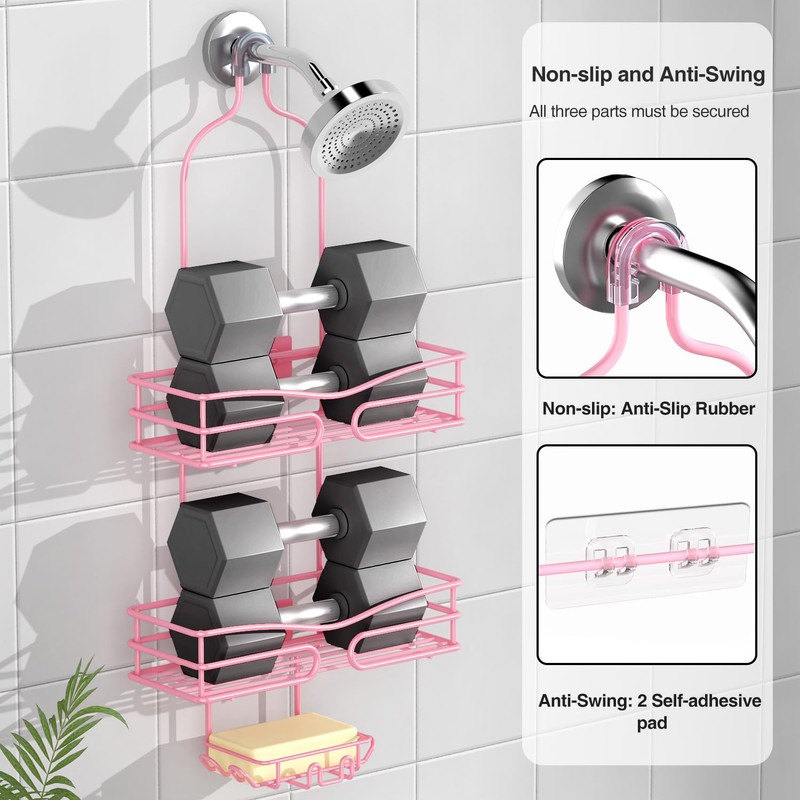 DAOYA Pink 3-Tier Over Head Shower Caddy with Soap Holder