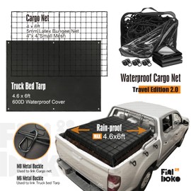 Finiboko Cargo Net for Pickup Truck Bed,4' x 6' Stretches to 8' x 12' - Small Mesh Bungee Net Cargo Netting with Portable Truck Bed Tarp,Cargo Net Suitable for Daily and Rainy Day Loading of Trucks