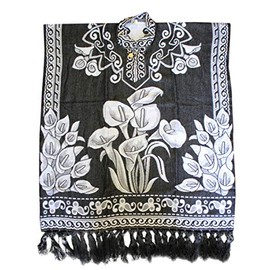 Del Mex Hand Woven Mexican Shawl Poncho Gaban Calla Lily Bouquet Alcatraz Flor (White)