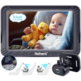 Rohent Baby Car Camera 5-Inch for Backseat: USB Plug and Play Easy to Install for New Parents - HD 1080P Clear Night Vision Car Seat Camera for Rear Facing Infant 360° Rotating for Larger Cars SUV