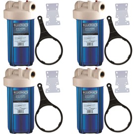 4 Pack 4.5 x 10 BLUONICS Whole House Water Filter Housing System uses Standard Size 4.5 x 20 Cartridges - Complete with Wrench, Bracket and Screws