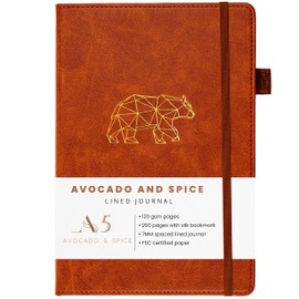 Notebook A5 Lined by Avocado and Spice® - Hardback A5 Journal Notebook - Faux Leather A5 Notepad - Bookmark, Elastic Strap, Pen Holder, 200 Thick Pages (Brown, Lined)