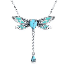 EJALEN S925-Sterling-Silver Turquoise Dragonfly Sunflower Necklace - Vintage Boho Oxidation Pendant Necklace Victorian Jewelry Christmas Birthday Gifts for Women (turquoise dragonfly)