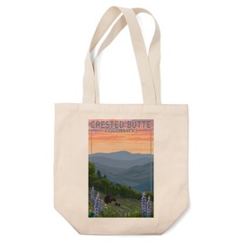 Lantern Press Crested Butte, Colorado, Bear and Spring Flowers (100% Cotton Canvas Reusable Tote Bag)
