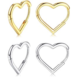 LOZTBUE 2 pieces heart-shaped hoop earrings, 925 silver, women, girls, 14 K small earrings, gold earrings, heart-shaped hoop earrings, rose gold earrings, silver women's earrings, 16 mm