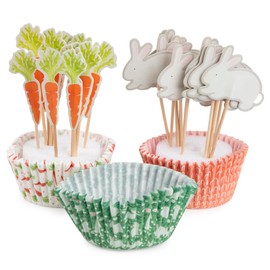 Core Home Party Prep Disposable Cupcake Baking Liner and Topper Decorating Kit Paper Easter Bunny and Carrot Theme Set of 48