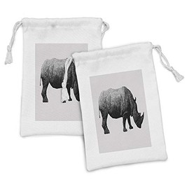 Ambesonne Animal Fabric Pouch Set of 2, Polygonal Animal Line Art Arrangement with Angled Striped Monochrome, Small Drawstring Bag for Toiletries Masks and Favors, 9" x 6", Charcoal Grey and White