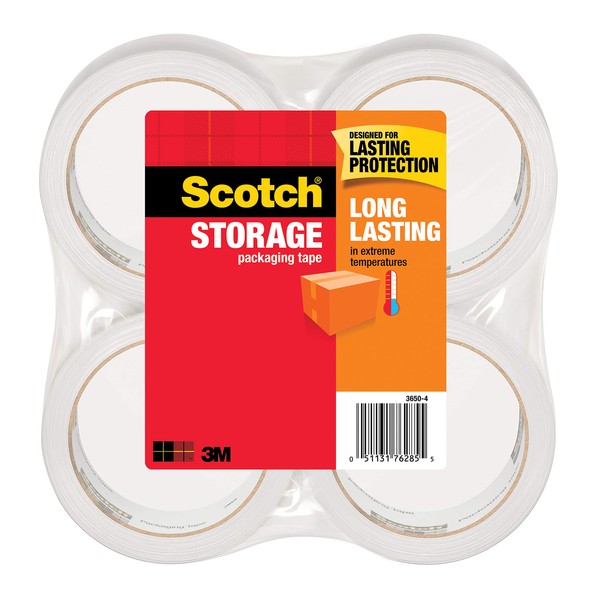 Scotch Long Lasting Storage Packaging Tape, 1.88" x 54.6 yd, Designed for Storage and Packing, Stays Sealed in Weather Extremes, 3" Core, Clear, 4 Rolls (3650-4)
