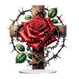 hospitian DIY Diamond Desktop Decoration Rose Cross, Crystal Diamond Art Painting Desktop Decorations Single Side, Diamond Decoration Suitable for Adult Beginners Home Office Decoration Crafts Gifts
