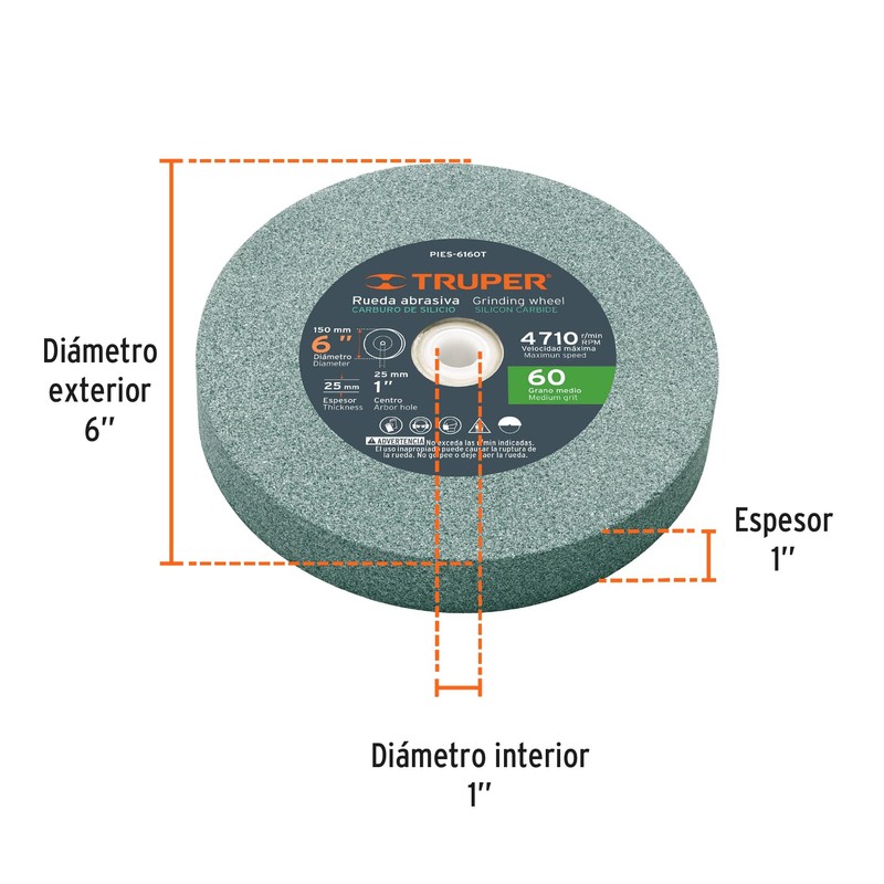 TRUPER PIES-6160T 6" Silicon Carbide Bench Grinding Wheels. Grit=60, Thickness=1",