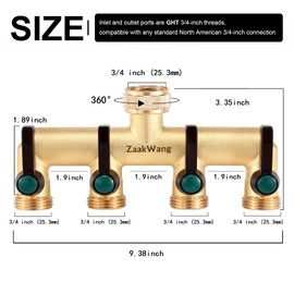 Brass Garden Hose Splitter, 4 Way Spigot Splitter, Heavy Duty Hose Tap Splitter Connection with 4 Individual On/Off Valve and Extended Handle, 3/4 inch Male Thread Water Outlet