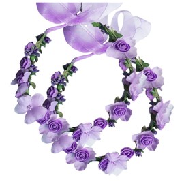 Flower Crown Headband Wreath Garland Hair Bands Floral Wedding Bridal Hair Hoop Women Leaf Ribbon Party Decoration Headdress Headwear Christmas Handmade Headpiece Hair Accessories 2 Pack Purple
