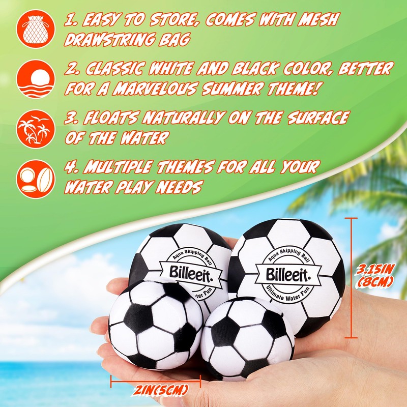 Billeeit 4Pcs Water Skipping Balls for Pool Play(Soccer Theme), Water