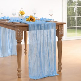 DeZerlor Baby Blue Cheesecloth Table Runner 10 Pack Spring Boho Sheer Gauze Table Runners 120 Inches Long Easter Blue Table Decorations for Wedding Bridal Baby Boy Shower Decorations Birthday Parties