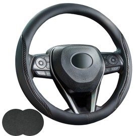 Muamos Car Steering Wheel Cover Black, 14-14.5 inch Steering Wheel Covers with Coasters Microfiber Leather Carbon Fiber Breathable Anti-Slip Durable Universal Auto Steering Wheel Protective