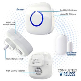 STARPOINT Expandable Wireless Doorbell Magnetic Mini Door Open Chime System - Base Starter Kit, 52 Chimes, 4 Loud Levels, LED - 2 x Magnetic Mini Window/Door Chime Sensor, 1 x Receiver