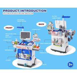Doctor Kit for Toddlers - Deluxe Pretend Play Medical Cart Toy Set with Stethoscope ,Thermometer,Doctor Costume & Carry Bag - Educational Role Play Gift for Kids Boys & Girls Ages 3 4 5(Blue)