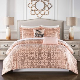 Chic Home Shefield 5 Piece Comforter Set Geometric Gold Tone Metallic Lattice Pattern Print Bedding - Decorative Pillows Shams Included, King, Blush