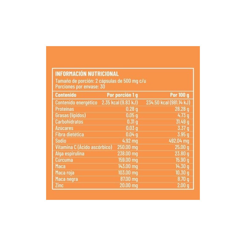Espirulina Maca Cúrcuma Vitamina C y Zinc Vitaliken 60 cápsulas