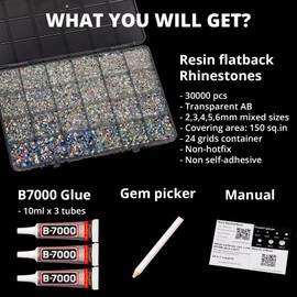 30000Pcs Resin Rhinestones Set for Crafting Bedazzling, Transparent AB Flatback Gems Jewels for Crafts Clothes Shoes Fabric Outfit Nails Makeup, Clear AB Flat Back Crystal 2-6mm with b 7000 Glue
