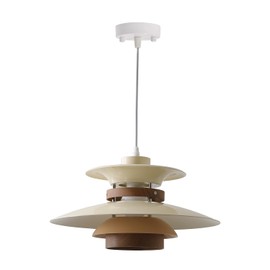 EFINEHOME Modern Decor Adjustable Pendant Lamp Kitchen Island, Aluminum and Wood Finish,1-Light E26 Base Ceiling Hanging Light for Dining Room Shop Restaurant (Beige+Dark Wood Grain, 35cm)