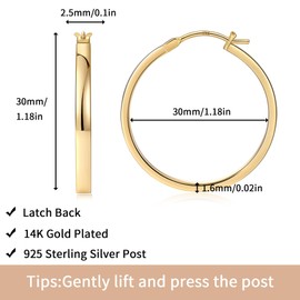 Gacimy Gold Hoop Earrings for Women, 14K Gold Plated Flatted Hoops with 925 Sterling Silver Post, 30mm Medium Hoop Earrings for Women