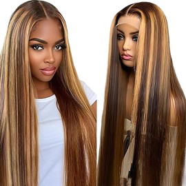 Tuheerst Blonde Human Hair Wig, Straight Real Hair Wig, Women's 4x4 P427 Highlight Swiss Lace Brazilian Real Hair, Remy Hair, Pre-Plucked, Natural Hairline with Baby Hair, 24 Inches (61 cm)