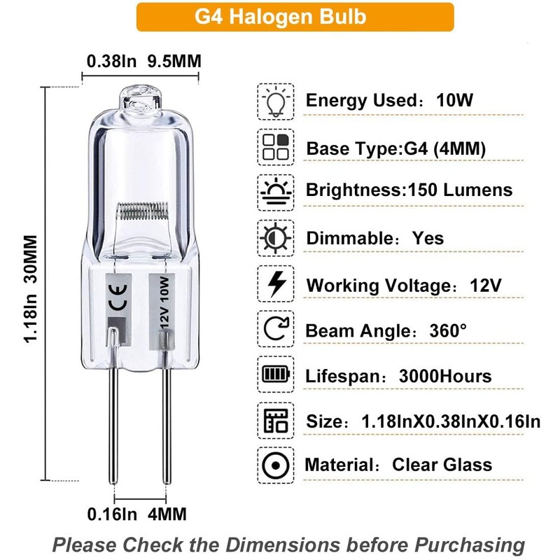 G4 Bulb, 20 Pack Halogen G4 12V 10W with G4