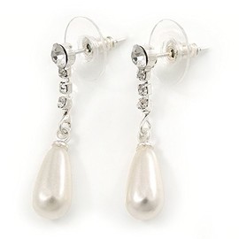 Clear Crystal Faux Pearl Drop Earrings/Silver Plating/ 30mm L